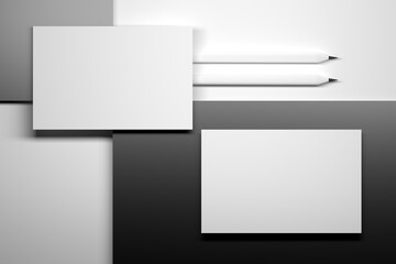 Two blank empty business cards on black and white surface with two surface
