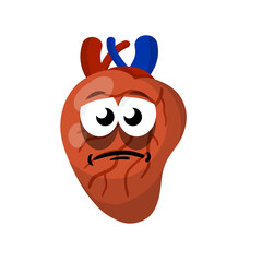 Heart. Human internal organ. Medicine and cardiology. Sick character and sad illness mascot. Cartoon flat illustration