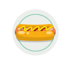 Hot dog. Bread, sausage, ketchup. Icon Harmful diet. Delicious Bun. Fast junk food. Cartoon flat illustration
