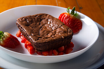 Homemade chocolate brownies with strawberry