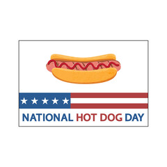 National Hot Dog Day concept, greeting card, poster, banner. American flag, lettering and roll with sausage.	