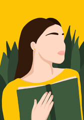 Girl with book illustration vector yellow background