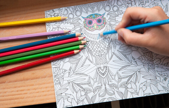 An image of a new trendy thing called adults coloring book. In this image a person is coloring an illustrative and detailed pattern for stress relieve for adults. 