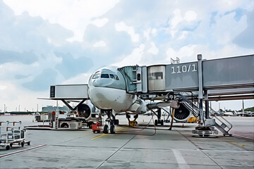 Naklejka premium MUNICH, GERMANY - SEPTEMBER 15, 2018: loading of the aircraft jet at the airport in summer.