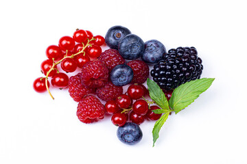 Raspberry, Blueberry, Blackberry and currant. Sweet and ripe berries mix on white isolated background.