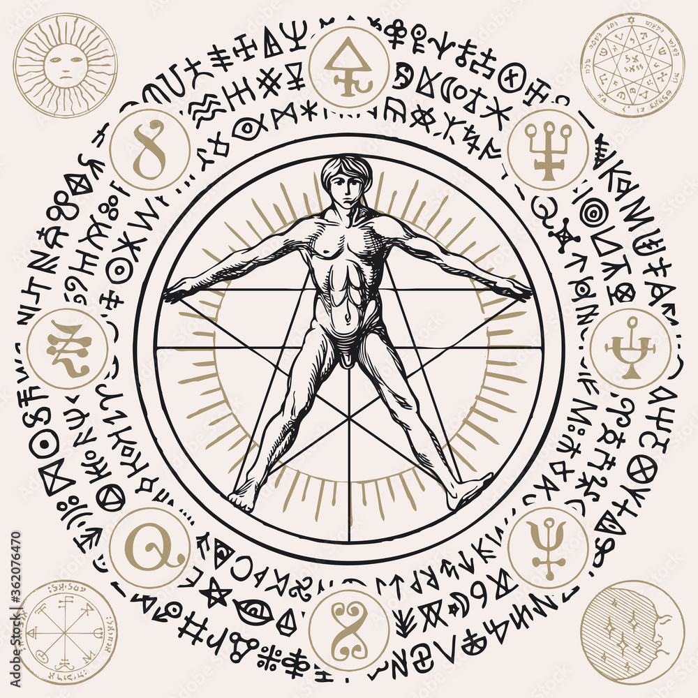 Wall mural Illustration with a human figure like Vitruvian man by Leonardo Da Vinci, alchemical and masonic symbols. Hand-drawn banner with esoteric and magical signs written in a circle in retro style