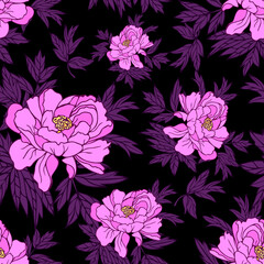 Seamless pattern of peony flowers with leaves on a black background.