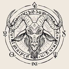 Hand-drawn horned goat head on a background of occult and witchcraft signs. The symbol of Satanism Baphomet and magic signs written in a circle
