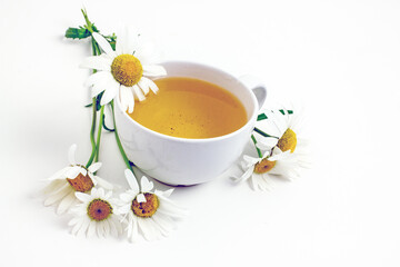 Chamomile tea. Flower tea in a white mug on a white table, near daisy flowers,copy space