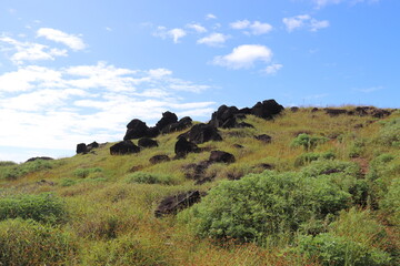 Roches volcaniques du volcan Rano Kau à l'île de Pâques