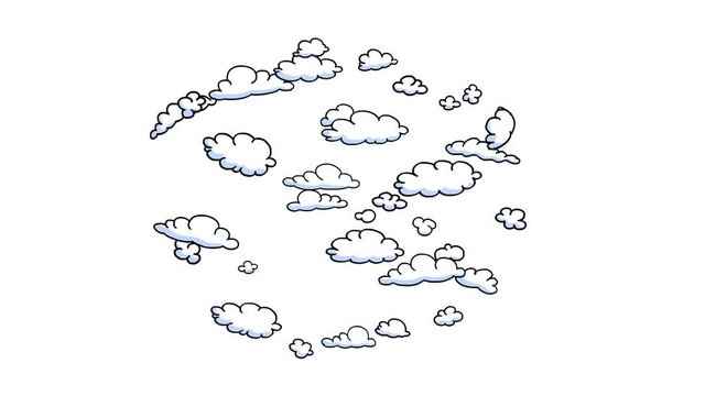 Isolated cartoon clouds moving around. Alpha channel. Seamless loop. Good for any project for kids. Different sizes.