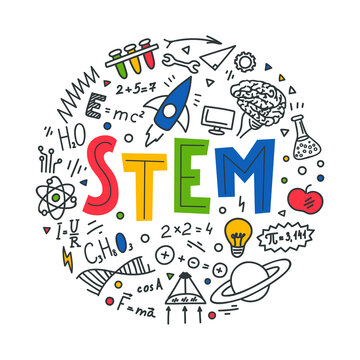 STEM. Science, technology, engineering, mathematics. Science education doodles and hand written word "STEM"
