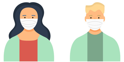 Doctors in medical masks icons. Man and woman. 
