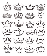 Large set of 24 black and white line drawn royal crowns in assorted designs, vector illustration