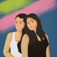 Ilustracja młode kobiety brunetki stojące obok siebie - obrazy, fototapety, plakaty