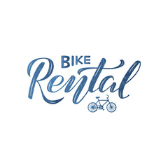 Obraz premium Vector illustration of bike rental brush lettering for banner, leaflet, poster, clothes, logo, advertisement design. Handwritten text for template, signage, billboard, printing, price list, flyer 