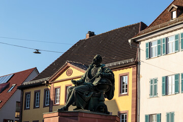 Horizontal view of main square in the town of Weil der Stadt with monument of famous astronomer and mathematician Johannes Kepler, erected  in 1870