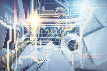 Double exposure of map hologram drawing over study table background with computer. Concept of international network. Top view.