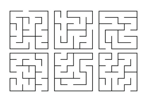 Set of education logic game. Find right way. Labyrinth, conundrum for kids. Collection of six simple square mazes with black line on white background. Vector illustration.