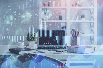 Double exposure of financial graph drawing and office interior background. Concept of stock market.