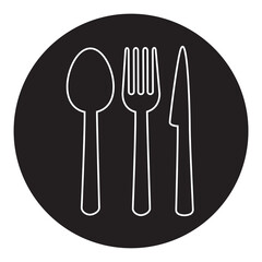 Food icon vector isolated on white background. Food thin line icon for label, logo, fork, knife and spoon template. Circle sign for cutlery, dinner, eat symbol and restaurant menu. Vector illustration