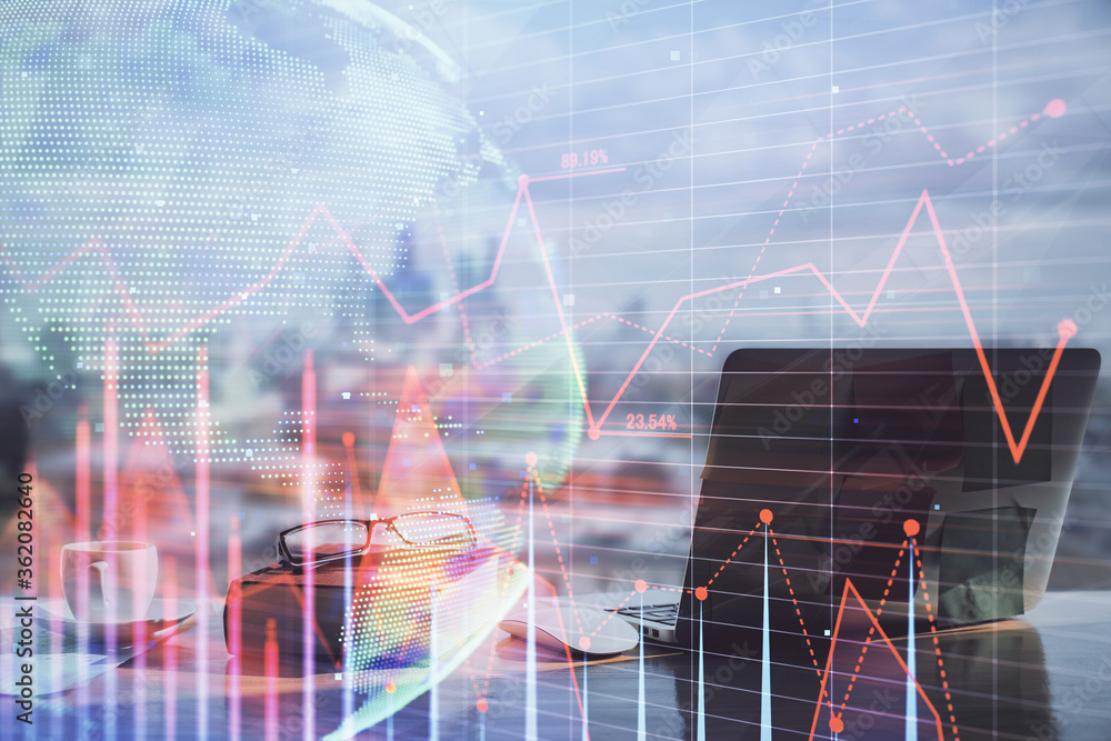 Poster double exposure of financial chart drawings and desk with open notebook background. concept of forex