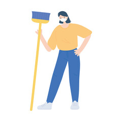 housekeeper woman with broom work essential during covid 19, character worker isolated design icon