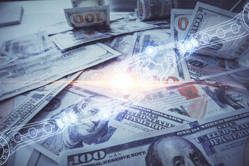 Double exposure of data theme drawing over us dollars bill background. Technology concept.