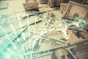 Double exposure of DNA drawing over usa dollars bill background. Concept of medical education.