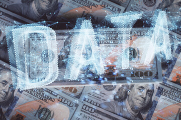 Double exposure of data theme drawing over us dollars bill background. Technology concept.