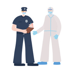 thank you essential workers, policeman and doctor wearing face masks, coronavirus covid 19 disease