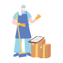 thank you essential workers, cleaner man with broom spray and boxes, wearing face mask, coronavirus covid 19 disease
