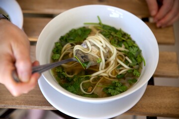vegetarian and vegan pho, vietnamese soupe with noodles close-up with a caucasian woman holding a spoon. Home made and healthy food concept. Domestic Life context