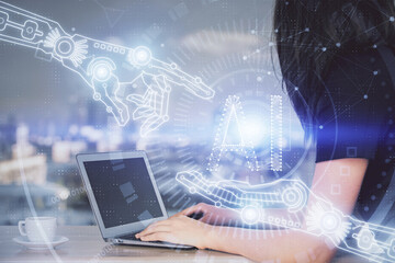 Multi exposure of woman hands working on computer and data theme hologram drawing. Tech concept.