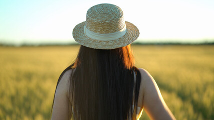 Obraz premium back view beautiful young woman with a hat walks in the green field.