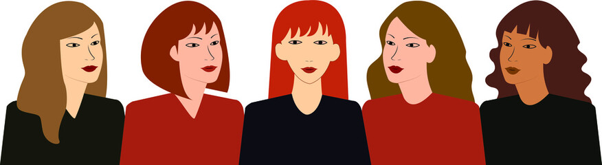 Five women of different nationalities and cultures standing together. Women's friendship, union of feminists or sisterhood. The concept of the female's empowerment movement.