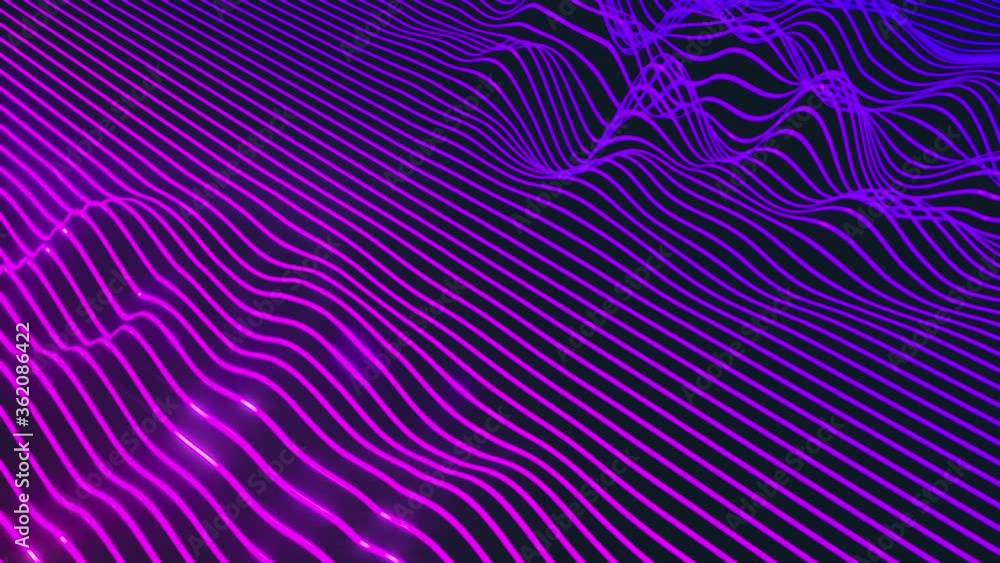 Poster Abstract glowing neon lines animated background. Ultraviolet laser wavy backdrop. Chaotic waves 4K seamless looped 3D animation. 3D rendering.