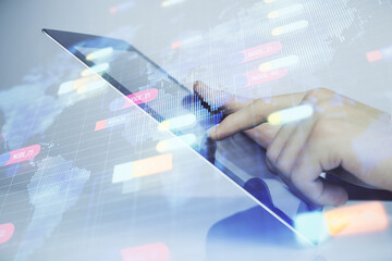 Multi exposure of man's hand holding and using a digital device and data theme drawing. Innovation concept.