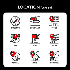 Simple Set of Map and location doodle Vector Line Icons with color and shadow 