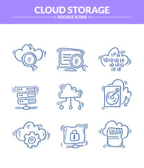 Cloud Storage Doodle Icon set, Trendy sketching - hand drawn doodle concept
