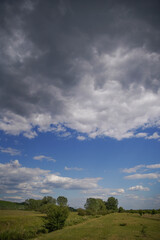 Empty meadow pasture for cows, cattle, lambs. On a cloudy but sunny summer day. Tápióbicske - Hungary