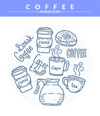 Coffee doodles element illustration, trendy and lovely hand drawn style isolated on white background 