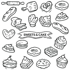 Sweets and cake sketching doodle icons set, Trendy and lovely hand drawn style isolated on white background
