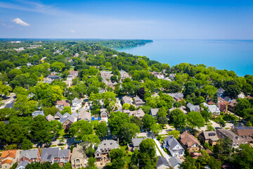Aerial view of Whitefish Bay Wisconsin looking. Featuring Lake Michigan Shoreline