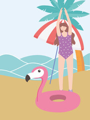 summer time vacation tourism woman with umbrella flamingo float in beach