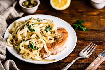 Pork chop steak with pasta