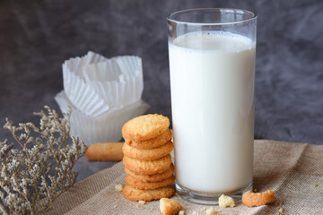 Cookies and glass of milk on a dark moody background.