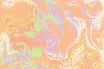 Orange green abstract background. Pastel liquid paint raster illustration. Digital suminagashi paper. Warm palette marbling template design