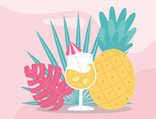 summer time vacation tourism pineapple and cocktail with umbrella