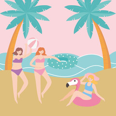 summer time girls celebrating in beach with floats ball vacation tourism